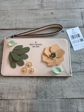 NWT Kate Spade Pink Floral Appliqué Wristlet with Olive and Mint Accents